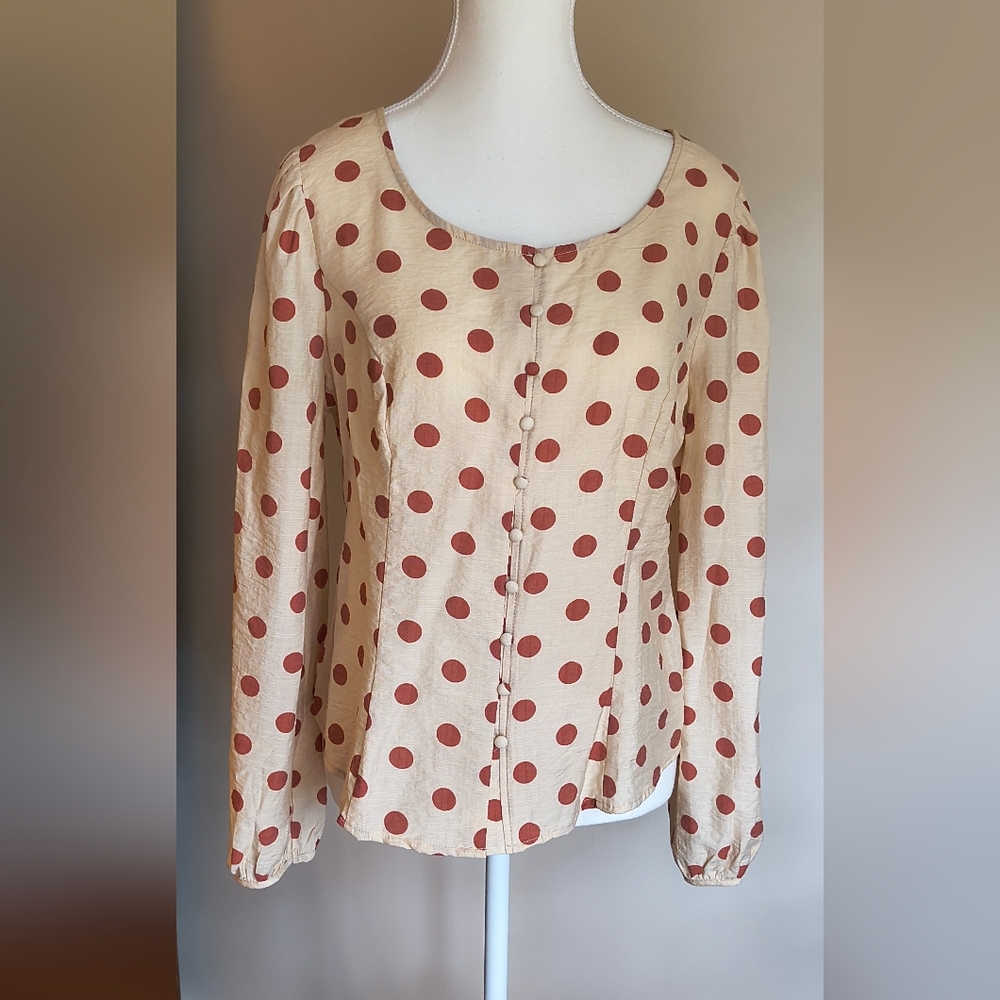 Blu Pepper Shirt Women Large Cream & Brown Polka dots Smocked Waist